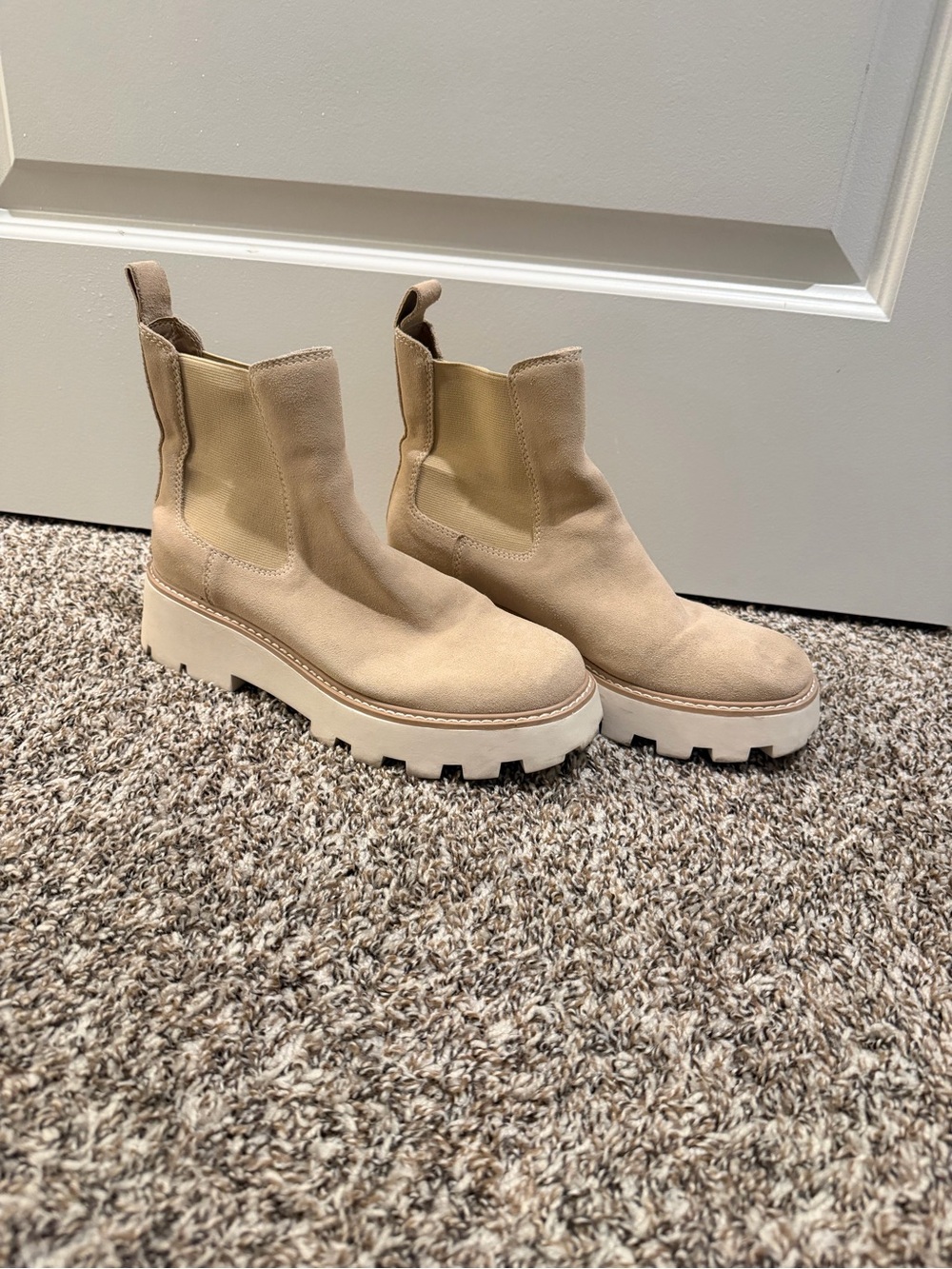 Dolce Vita Beige Suede Chelsea Lug-Sole Ankle Boots